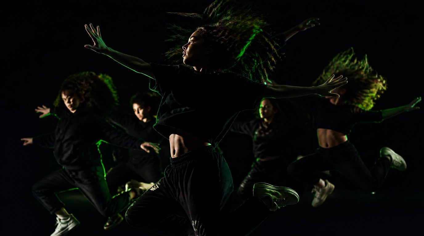 Dancers mid-leap under neon light at art dance
